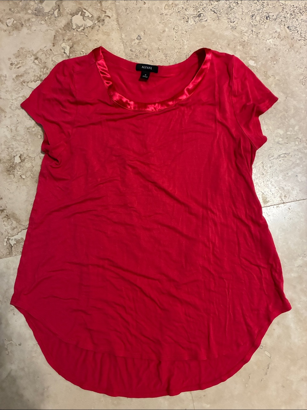 Alfani Bright Pink Short Sleeve Scoop Neck Tee with Satin Trim